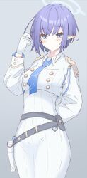 Rule 34 | 1girl, absurdres, aoi (blue archive), arm behind back, belt, black belt, blue archive, blue eyes, blue hair, blue necktie, breasts, closed mouth, collared shirt, commentary request, dress, ear piercing, gloves, grey background, halo, hand up, highres, kazuki-p555, long sleeves, looking at viewer, medium breasts, mole, mole under eye, necktie, parted bangs, piercing, playing with own hair, pointy ears, shirt, short hair, simple background, solo, upper body, weapon case, white dress, white gloves, white halo, white shirt