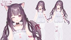 Rule 34 | 1girl, ;p, animal ear fluff, animal ears, arm ribbon, bare shoulders, black bow, black choker, blush, bow, cat ears, cat tail, character name, choker, collarbone, fallenshadow, frills, full body, hair bow, hair ornament, highres, indie virtual youtuber, leg ribbon, long hair, no shoes, official art, one eye closed, open mouth, pajamas, pantyhose, pink eyes, purple bow, purple hair, ribbon, rucaco, second-party source, sleepwear, tail, tail bow, tail ornament, tongue, tongue out, twintails, virtual youtuber, white pajamas, white pantyhose, x hair ornament