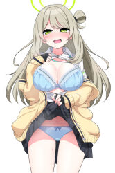 Rule 34 | 1girl, absurdres, blue archive, blush, bra, breasts, cardigan, cleavage, clothes lift, fingerless gloves, gloves, green eyes, green halo, hair bun, halo, highres, id card, large breasts, lifting own clothes, light brown hair, long hair, long sleeves, looking at viewer, nonomi (blue archive), open clothes, orange-bird, panties, shirt, simple background, single hair bun, single side bun, skirt, skirt lift, solo, sweat, underwear, white background, white shirt