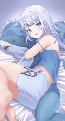 Rule 34 | 1girl, alternate costume, angeldu, bare legs, barefoot, blue camisole, blue eyes, blue hair, blunt bangs, blurry, blush, breasts, camisole, casual, commentary, cross-laced clothes, cross-laced shorts, depth of field, fang, fins, fish tail, frilled pillow, frills, full body, gawr gura, grey hair, highres, holding, holding stuffed toy, hololive, hololive english, long hair, looking at viewer, lying, multicolored hair, on bed, on side, open mouth, pillow, shark tail, short shorts, shorts, skin fang, small breasts, solo, strap slip, streaked hair, stuffed animal, stuffed shark, stuffed toy, sweatdrop, symbol-only commentary, tail, two-tone hair, virtual youtuber, white shorts