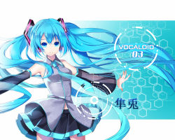 Rule 34 | 1girl, blue eyes, blue hair, copyright name, detached sleeves, hatsune miku, hatsune miku (vocaloid3), headphones, highres, long hair, looking at viewer, matching hair/eyes, necktie, outstretched arms, skirt, smile, solo, spread arms, twintails, very long hair, vocaloid, yuuki kira
