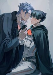 Rule 34 | 2boys, ace attorney, ascot, ato (ml cc g), barok van zieks, black cape, black hair, cape, closed mouth, eye contact, grey background, grey hair, height difference, highres, jewelry, kazuma asogi, long sleeves, looking at another, male focus, multiple boys, pants, red ascot, ring, scar, scar on face, simple background, sitting, the great ace attorney, uniform, yaoi