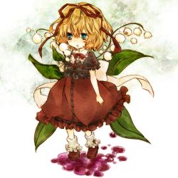 Rule 34 | 1girl, bad id, bad pixiv id, blonde hair, blue eyes, bow, dress, female focus, flower, full body, hair ribbon, koura higure, lily of the valley, medicine melancholy, open mouth, puddle, ribbon, short hair, solo, touhou