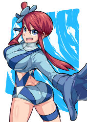 Rule 34 | 1girl, :d, arched back, ass, back, blue eyes, blue gloves, blue jacket, blue shorts, blue sky, breasts, cloud, cowboy shot, creatures (company), cropped jacket, floating hair, foreshortening, game freak, gloves, gym leader, hair between eyes, hair ornament, hands up, highres, jacket, large breasts, long hair, long sleeves, looking at viewer, midriff, nintendo, open mouth, outstretched arm, pokemon, pokemon bw, red hair, shimure (460), short shorts, shorts, side ponytail, sidelocks, sky, skyla (pokemon), smile, solo, standing, suspenders, swept bangs, teeth, turtleneck, twisted torso, upper teeth only