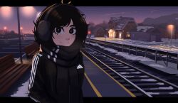 Rule 34 | 1girl, absurdres, adidas, bare tree, bench, black eyes, black hair, black jacket, black scarf, building, cloud, commentary, earmuffs, freckles, highres, jacket, lantern, messy hair, mountain, night, night sky, norway, original, outdoors, parking lot, railroad signal, railroad tracks, real world location, scarf, scenery, sign, sky, snow, solo, tomboy, train station, train station platform, tree, veyonis, winter, winter clothes, yuna (veyonis)