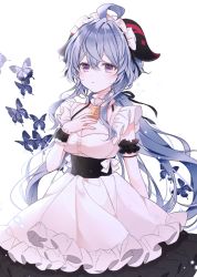 Rule 34 | 1girl, ahoge, alternate costume, animal, apron, bell, black skirt, blue hair, breasts, bug, butterfly, cleavage, closed mouth, collarbone, commentary request, curled horns, enmaided, frilled apron, frilled skirt, frills, ganyu (genshin impact), genshin impact, hair between eyes, hand up, highres, horns, insect, long hair, looking at viewer, maid, maid headdress, mattang, medium breasts, purple eyes, shirt, simple background, skirt, solo, very long hair, white apron, white background, white shirt, wrist cuffs
