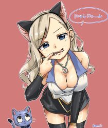 Rule 34 | 1girl, animal ears, artist name, black gloves, black skirt, black thighhighs, blonde hair, blouse, blue eyes, breasts, cat, cat ears, cleavage, collared shirt, cowboy shot, detached sleeves, eden&#039;s zero, fake animal ears, gloves, half-closed eyes, happy (eden&#039;s zero), head tilt, highres, jewelry, kemu baado, large breasts, leaning forward, long hair, looking at another, looking at viewer, miniskirt, mouth pull, necklace, open mouth, outline, rebecca bluegarden, red background, shirt, signature, skirt, solo, standing, thighhighs, tongue, tongue out, translated, white outline, white shirt