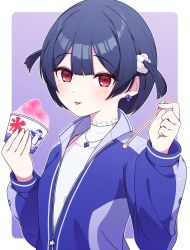 Rule 34 | 1girl, alternate hairstyle, black hair, breasts, food, gym uniform, ice cream, idolmaster, idolmaster shiny colors, jacket, looking at viewer, morino rinze, natako k, red eyes, sleeveless, small breasts, solo, straw, tongue, tongue out, track jacket, upper body