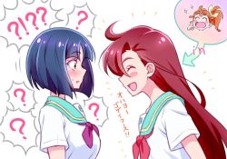 Rule 34 | 2girls, :d, ?, aqua sailor collar, blue hair, blunt bangs, blush, brown eyes, closed eyes, collared shirt, hair between eyes, kyoutsuugengo, long hair, looking at another, multiple girls, neckerchief, open mouth, precure, profile, red hair, red neckerchief, sailor collar, sailor shirt, shiratori yuriko, shirt, short hair, short sleeves, sketch, smile, spoken question mark, standing, straight hair, suzumura sango, tropical-rouge! precure, upper body, very long hair, white background, white shirt