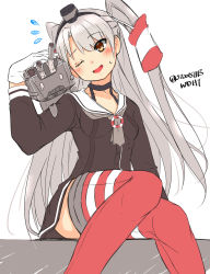 Rule 34 | 1girl, amatsukaze (kancolle), brown dress, brown eyes, brown neckerchief, commentary request, dress, feet out of frame, garter straps, gloves, hair tubes, hat, highres, kantai collection, lifebuoy ornament, long hair, mini hat, neckerchief, one-hour drawing challenge, one eye closed, red thighhighs, rensouhou-kun, s20051113, sailor collar, sailor dress, short dress, silver hair, simple background, single glove, sitting, smile, smokestack hair ornament, striped clothes, striped thighhighs, thighhighs, two side up, white background, white gloves, white sailor collar