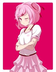 Rule 34 | 1girl, absurdres, animal print, arms under breasts, ayanamirio, black bra, blush, bob cut, border, bra, bra strap, breasts, casual, closed mouth, commentary, cowboy shot, crossed arms, doki doki literature club, frilled skirt, frills, frown, furrowed brow, hair intakes, hair ornament, hair ribbon, highres, looking at viewer, natsuki (doki doki literature club), one eye closed, outside border, pink background, pink eyes, pink hair, pink shirt, pink skirt, red ribbon, revision, ribbon, shirt, short hair, short sleeves, simple background, skirt, small breasts, solo, standing, sweatdrop, swept bangs, t-shirt, tsundere, two-tone shirt, two side up, underwear, white border, white shirt, x hair ornament