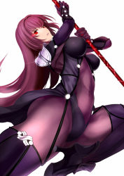Rule 34 | 1girl, armor, ass, bodysuit, breasts, covered navel, fate/grand order, fate (series), female focus, from side, gae bolg (fate), gloves, glowing, glowing eyes, hair intakes, high heels, holding, holding weapon, jilllxlxl, large breasts, long hair, looking at viewer, parted lips, pauldrons, polearm, purple bodysuit, purple hair, red eyes, scathach (fate), shoulder armor, simple background, solo, spear, thighhighs, very long hair, weapon, white background