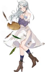 Rule 34 | 10s, 1girl, alternate costume, blue bra, blush, boots, bra, brown footwear, drew (drew213g), fish, full body, high heel boots, high heels, kantai collection, long hair, long sleeves, official art, open mouth, purple eyes, sagiri (kancolle), shoes, silver hair, skirt, solo, torn clothes, transparent background, underwear, white background, white skirt
