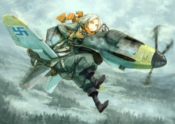 Rule 34 | 1girl, asterisk kome, bf 109, boots, finnish text, flying, gloves, green eyes, mecha musume, original, scarf, solo, swastika, white hair, wings, world war ii