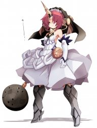 Rule 34 | 1girl, cleavage, dress, elbow gloves, fate/apocrypha, fate/grand order, fate (series), frankenstein&#039;s monster (fate), gloves, hair over eyes, highres, horns, karukan (monjya), mace, pink hair, see-through, see-through cleavage, short hair, single horn, solo, veil, weapon, white dress, white gloves