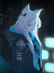 Rule 34 | 1girl, animal ears, arknights, arm out of sleeve, black jacket, cat ears, cat girl, from side, half updo, hood, hood down, hooded jacket, infection monitor (arknights), jacket, long hair, long sleeves, looking at viewer, nagu, rosmontis (arknights), screen light, sidelocks, sideways glance, solo, television, upper body, white hair