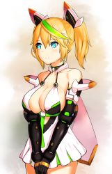 Rule 34 | 1girl, bare shoulders, blonde hair, blue eyes, breasts, dress, elbow gloves, gene (pso2), gloves, green hair, halterneck, large breasts, long hair, mathew (srmmk mce), multicolored hair, phantasy star, phantasy star online 2, solo, twintails, v arms