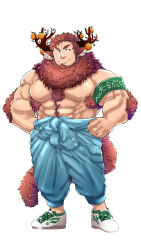 Rule 34 | 1boy, abs, absurdres, animal ears, antlers, arm hair, bara, blue overalls, body fur, clothes around waist, cow ears, deer antlers, deer boy, deer ears, facial hair, goatee, hairy, hands on own hips, highres, horns, large pectorals, looking to the side, male focus, mature male, muscular, muscular male, navel hair, no nipples, original, overalls, pectorals, pontaro, shoes, short hair, sideburns, smile, sneakers, solo, stubble, tail, thick eyebrows, topless male, white background