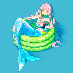 Rule 34 | 1girl, bikini, blue background, blue eyes, cup, drinking glass, drinking straw, fins, highres, holding, holding cup, long hair, mermaid, monster girl, original, partially submerged, pink hair, pool, rubber duck, scales, simple background, solo, swimsuit, twintails, wading pool, zakka (d-o-t)