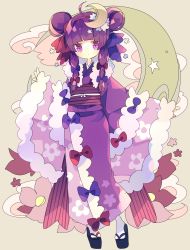 Rule 34 | 1girl, alternate costume, blue bow, blunt bangs, bow, commentary, crescent, crescent hair ornament, double bun, floral print, flower, frills, full body, hair bow, hair bun, hair ornament, highres, japanese clothes, kimono, long sleeves, looking at viewer, medium hair, nikorashi-ka, obi, okobo, one-hour drawing challenge, patchouli knowledge, purple eyes, purple hair, purple kimono, red bow, sandals, sash, sidelocks, sleeves past wrists, socks, solo, star (symbol), touhou, twintails, white socks