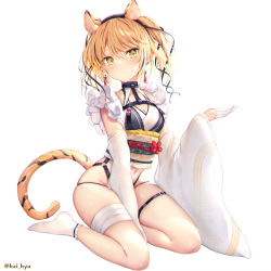 Rule 34 | + +, 1girl, animal ear fluff, animal ears, belt, between legs, black ribbon, blush, breasts, chinese zodiac, cleavage, detached sleeves, earrings, egasumi, floral print, frills, full body, gloves, groin, hair ribbon, haishiki, half gloves, hand between legs, hand up, japanese clothes, jewelry, kimono, looking at viewer, monochrome background, navel, no pants, no shoes, o-ring, obi, original, outstretched hand, plantar flexion, ribbon, sash, seiza, simple background, sitting, solo, strap, sweat, tail, tassel, tassel earrings, tiger ears, tiger girl, tiger tail, twintails, twitter username, white background, white footwear, year of the tiger, yellow eyes