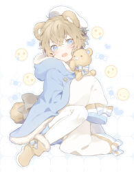 1boy animal_ears bear_ears bear_tail blue_eyes blue_shorts blush boots bow brown_boots brown_hair candy child commentary_request crying_emoji emoji food fur_trim grid_background hat heart highres hood long_sleeves neck_ribbon on_floor open_mouth original p_(pixiv65832344) pants puffy_long_sleeves puffy_sleeves ribbon sailor_hat short_hair shorts striped_bow stuffed_animal stuffed_toy tail tearing_up teddy_bear white_pants wide_sleeves