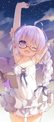 Rule 34 | 1girl, ahoge, armpits, arms up, book, braid, bright pupils, cowboy shot, demon girl, demon tail, demon wings, fang, flat chest, glasses, horns, long hair, looking at viewer, mofetousu furuna, one eye closed, open mouth, original, pen, pointy ears, purple eyes, purple hair, saru, single braid, solo, tail, wings, wink