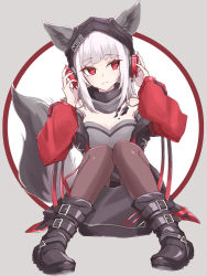 Rule 34 | 1girl, animal ears, arknights, bad id, bad pixiv id, black footwear, black headwear, black jacket, black pantyhose, boots, breasts, cleavage, detached collar, dress, eihire, fox ears, fox tail, frostleaf (arknights), full body, grey background, hands on headphones, headphones, highres, implied extra ears, jacket, knees together feet apart, long hair, looking to the side, material growth, medium breasts, nail polish, off-shoulder dress, off shoulder, oripathy lesion (arknights), pantyhose, red eyes, red jacket, red nails, red sleeves, short dress, sitting, solo, tail, white hair