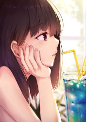 Rule 34 | 1girl, blurry, brown eyes, brown hair, closed mouth, cup, day, depth of field, drinking glass, drinking straw, food, from side, fruit, hair between eyes, hand on own cheek, hand on own face, lemon, lemon slice, lips, long hair, original, profile, revision, solo, window, yan (nicknikg)