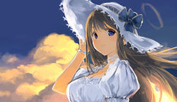 Rule 34 | 1girl, black hair, blue bow, blue eyes, blue sky, bow, bracelet, breasts, choker, cleavage, closed mouth, cloud, cloudy sky, commentary request, dress, halo, hand up, hat, jewelry, large breasts, long hair, looking at viewer, official art, puffy sleeves, ryouki (senran kagura), senran kagura, senran kagura new wave, short sleeves, sky, solo, sun hat, upper body, white dress, white hat, yaegashi nan