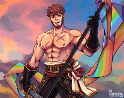 Rule 34 | 1boy, abs, alternate costume, alternate hairstyle, alternate weapon, bara, beard, belt, blue eyes, brown hair, collar, cowboy shot, facial hair, fate/grand order, fate (series), flag, goatee, historical connection, large pectorals, lgbt pride, long sideburns, looking at viewer, male focus, manly, muscular, napoleon bonaparte (fate), nipples, pants, pectorals, pheyris, rainbow flag, scar, sideburns, simple background, smile, solo, sword, topless male, upper body, weapon