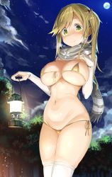 Rule 34 | 10s, 1girl, absurdres, bikini, blonde hair, blush, breasts, cloud, detached sleeves, eyebrows, fang, fang out, front-tie bikini top, front-tie top, full-face blush, gold bikini, greatmosu, green eyes, grey scarf, groin, hand on own chest, highres, holding, inuyama aoi, lantern, large breasts, light, long hair, long sleeves, looking at viewer, micro bikini, moon, navel, night, night sky, nose blush, outdoors, ribbon, scarf, shiny clothes, shiny skin, side-tie bikini bottom, sidelocks, skin fang, skindentation, sky, solo, standing, star (sky), starry sky, swept bangs, swimsuit, tareme, thick eyebrows, thighhighs, thighs, tree, twintails, underboob, white thighhighs, yellow bikini, yellow ribbon, yurucamp, zettai ryouiki