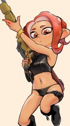 Rule 34 | 1girl, agent 8 (splatoon), apple toki, asymmetrical sleeves, beige background, black footwear, black panties, boots, commentary, crop top, dark-skinned female, dark skin, e-liter 4k (splatoon), highres, holding, holding weapon, jumping, legs up, looking at viewer, medium hair, midriff, navel, nintendo, octoling, octoling girl, octoling player character, panties, parted lips, pointy ears, red eyes, red hair, simple background, solo, splatoon (series), splatoon 2, splatoon 2: octo expansion, squidbeak splatoon, suction cups, symbol-only commentary, thigh strap, underwear, uneven sleeves, weapon, zipper