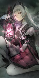 Rule 34 | 1girl, arknights, arm up, bandolier, belt, belt buckle, black belt, black cape, black gloves, black jacket, black sky, black wings, bloom, blurry, blurry background, buckle, bullet, cape, capelet, cloud, cloudy sky, commentary, cross scar, depth of field, diffraction spikes, dqn (dqnww), dutch angle, earrings, embers, feathered wings, fire, fog, foot out of frame, from side, gloves, grey eyes, grey hair, grin, gun, hair intakes, handgun, head wings, high collar, highres, holding, holding lantern, holster, holstered, irene (arknights), jacket, jewelry, knee up, lantern, light particles, lips, long hair, long sleeves, looking at viewer, looking to the side, multicolored clothes, multicolored skirt, night, night sky, on ground, on one knee, outdoors, pantyhose, parted lips, pink fire, pink skirt, puffy long sleeves, puffy sleeves, rapier, revolver, scabbard, scar, scar across eye, scar on face, shadow, sheath, sheathed, shoulder strap, sidelighting, skirt, sky, sleeve cuffs, smile, solo, straight hair, sword, teeth, torn cape, torn clothes, turtleneck, two-tone skirt, very long hair, weapon, white capelet, white pantyhose, white skirt, wings