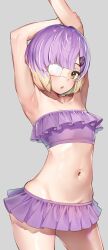 Rule 34 | .live, 1girl, armpits, arms up, bikini, blush, breasts, character request, collarbone, commentary request, eyepatch, groin, hcstyrus ii, highres, looking at viewer, multicolored hair, navel, open mouth, purple hair, simple background, small breasts, solo, strapless, strapless bikini, swept bangs, swimsuit, two-tone hair, virtual youtuber, white background