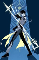 Rule 34 | 1boy, blue background, closed mouth, coat, commentary, full body, genshin impact, gloves, gradient hair, hair over one eye, hand up, highres, holding, holding polearm, holding weapon, long hair, long sleeves, looking at viewer, low ponytail, male focus, multicolored hair, pants, polearm, robodumpling, shoes, spinning weapon, standing, symbol-only commentary, weapon, yellow eyes, zhongli (genshin impact)