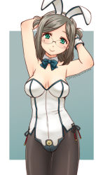 Rule 34 | 10s, 1girl, adapted costume, animal ears, armpits, arms up, bow, bowtie, cowboy shot, detached collar, fake animal ears, folded ponytail, glasses, green eyes, grey hair, kantai collection, katori (kancolle), leotard, outside border, pantyhose, playboy bunny, rabbit ears, rabbit tail, solo, standing, tail, thighs, uona telepin, wrist cuffs