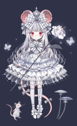 Rule 34 | 1girl, animal, animal ears, black background, bow, bug, butterfly, dress, flower, frilled dress, frills, full body, grey bow, grey footwear, grey socks, hair bow, highres, holding, holding flower, insect, juliet sleeves, long hair, long sleeves, looking at viewer, mouse ears, mouse girl, mouse tail, mushroom, original, print bow, puffy sleeves, red eyes, shirosaki london, shoes, simple background, socks, solo, standing, tail, tail bow, tail ornament, white flower, white hair