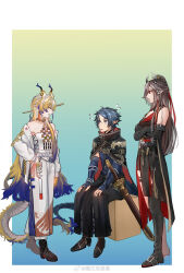 Rule 34 | 1boy, 2girls, ^ ^, animal ears, antlers, aqua background, arknights, arm at side, armor, bare shoulders, belt, black cape, black footwear, black gloves, blonde hair, blue background, blue eyes, blue hair, blue shirt, border, cape, character request, check character, chinese clothes, chinese commentary, closed eyes, commentary request, crossed arms, dragon girl, dragon horns, dragon tail, earrings, elbow gloves, flying sweatdrops, full body, gloves, gradient background, green background, grey hair, grey tail, hand on own hip, hands on own knees, high collar, highres, horns, jacket, jewelry, jing you shuang ruo zhuo, long hair, long sleeves, looking at another, multicolored background, multicolored hair, multiple girls, necklace, off shoulder, open clothes, open jacket, open mouth, outside border, pants, pointy ears, profile, purple hair, purple horns, purple tail, qiubai (arknights), red cape, red eyes, sheath, sheathed, shirt, shoes, short hair, shu (arknights), sitting, smile, standing, strap, strapless, sword, tail, tassel, textless version, tube top, two-sided cape, two-sided fabric, vambraces, very long hair, watermark, weapon, weibo logo, white belt, white border, white horns, white jacket, white pants, white tube top, yellow background, yellow horns, yellow tail, zuo le (arknights)