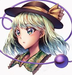 Rule 34 | 1girl, black hat, blush, commentary request, cropped torso, crosshatching, dark jewel (gem oblivion), floral print, frilled shirt collar, frills, green eyes, green hair, grey background, hat, hat ribbon, hatching (texture), highres, komeiji koishi, parted lips, portrait, ribbon, short hair, simple background, solo, third eye, touhou, yellow ribbon