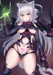 Rule 34 | 1girl, agrius metamorphosis, ahoge, animal ears, atalanta (fate), atalanta alter (fate), atalanta alter (third ascension) (fate), bad id, bad pixiv id, black thighhighs, braid, breasts, cat ears, clothing cutout, covered erect nipples, fang, fang out, fate/apocrypha, fate/grand order, fate (series), gauntlets, green eyes, hair between eyes, highres, jirusu, long hair, looking at viewer, medium breasts, multiple tails, navel, parted lips, pubic tattoo, revealing clothes, shoulder cutout, silver hair, solo, tail, tattoo, thighhighs, two tails, underboob, very long hair