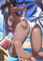 Rule 34 | 1girl, absurdres, ass, bad id, bad pixiv id, bare shoulders, barefoot, beach, beach mat, bikini, black hair, blue archive, blue nails, bottle, breasts, cola, dark-skinned female, dark skin, feet, from behind, halo, halterneck, hand on own ass, headdress, highres, jsih, karin (blue archive), large breasts, long hair, looking at viewer, looking back, nail polish, outdoors, palm tree, parted lips, profile, sidelocks, solo, strap gap, string bikini, sunlight, swimsuit, thighs, tree, very long hair, wet, white bikini, wrist cuffs