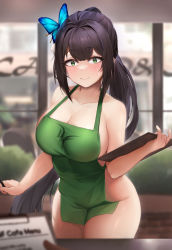 Rule 34 | 1girl, absurdres, apron, barista, black hair, blurry, blurry background, blush, breasts, butterfly hair ornament, cafe, cleavage, closed mouth, collarbone, commission, green apron, green eyes, hair between eyes, hair ornament, highres, holding, holding menu, holding pencil, iced latte with breast milk (meme), indoors, korean commentary, large breasts, legs together, long hair, looking at viewer, meme, meme attire, menu, naked apron, nine (kanine41), original, pencil, sidelocks, smile, solo, standing, thighhighs, window