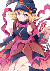 Rule 34 | 1girl, armor, armored skirt, black dress, black footwear, black hat, black sleeves, blonde hair, boots, cellphone, chain, commentary, detached sleeves, dress, duel monster, gagaga girl, hat, highres, holding, holding phone, leg up, looking at viewer, medium hair, nanashiba (banntlla), parted lips, pauldrons, phone, red eyes, short dress, shoulder armor, simple background, skull, sleeveless, sleeveless dress, smartphone, solo, standing, standing on one leg, stole, white background, wizard hat, yu-gi-oh!, yu-gi-oh! zexal, yuu-gi-ou, yuu-gi-ou zexal