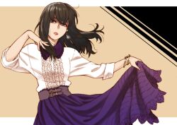 Rule 34 | 1girl, belt, blouse, bracelet, brown eyes, brown hair, buckle, chloe-toma, dress shirt, earrings, floating hair, frills, holding, holding clothes, holding skirt, jewelry, lipstick, long hair, long skirt, looking to the side, makeup, nogizaka46, parted lips, purple skirt, red lips, saitou asuka, shirt, simple background, skirt, sleeves rolled up, solo, white shirt