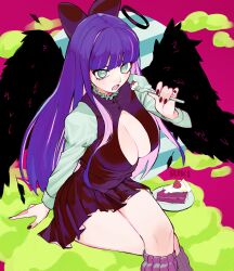 Rule 34 | 1girl, absurdres, black dress, blue eyes, blunt bangs, bow, breasts, cake, cleavage, cleavage cutout, clothing cutout, crossed legs, dress, food, hair bow, highres, large breasts, leg warmers, long hair, open mouth, panty &amp; stocking with garterbelt, pink hair, purple hair, rikikitty, sideboob, sitting, solo, stocking (psg), strawberry shortcake