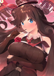 Rule 34 | 1girl, arm across waist, bad id, bad pixiv id, bare shoulders, blue eyes, blush, breasts, brown dress, brown gloves, dress, eating, elbow gloves, flower, food, furukawa itsuse, gloves, head tilt, highres, holding, holding food, iriam, large breasts, long hair, looking at viewer, necktie, original, pink background, pocky, purple hair, purple headwear, red flower, red necktie, simple background, sleeveless, sleeveless dress, solo, sparkling eyes, swept bangs, upper body, virtual youtuber