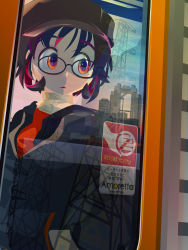 Rule 34 | 1girl, amoretta (yukiman), black-framed eyewear, black jacket, brown eyes, brown hat, building, cabbie hat, character name, city, commentary request, glasses, hat, highres, jacket, looking outside, multicolored hair, open mouth, orange shirt, original, power lines, red hair, reflection, round eyewear, scarf, shirt, short hair, sign, solo, streaked hair, translation request, transmission tower, two-tone hair, upper body, virtual youtuber, warning sign, white scarf, yukiman