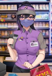 Rule 34 | 1boy, 1girl, absurdres, barcode scanner, black legwear, blush, breasts, buying condoms, cash register, cashier, collared shirt, condom box, counter, covered erect nipples, employee uniform, english text, half-closed eyes, hetero, highres, id card, large breasts, looking at viewer, mask, mouth mask, original, pants, ponytail, pov, purple eyes, purple hair, purple shirt, shirt, short sleeves, uniform, visor cap, working, xkit