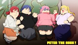 Rule 34 | 4boys, absurdres, black footwear, black shirt, black socks, blonde hair, blue hair, bocchi the rock!, brown footwear, cleft chin, closed eyes, closed mouth, commission, cosplay, cube hair ornament, english text, family guy, fat, fat man, gotoh hitori, gotoh hitori (cosplay), green eyes, grey skirt, hair ornament, highres, holding hands, ijichi nijika, ijichi nijika (cosplay), jumping, kita ikuyo, kita ikuyo (cosplay), kowai (iamkowai), long hair, multiple boys, one side up, orange skirt, peter griffin, pink hair, pink track suit, pleated skirt, ponytail, red hair, shirt, shirt tucked in, short hair, skirt, socks, white shirt, white socks, yamada ryo, yamada ryo (cosplay)